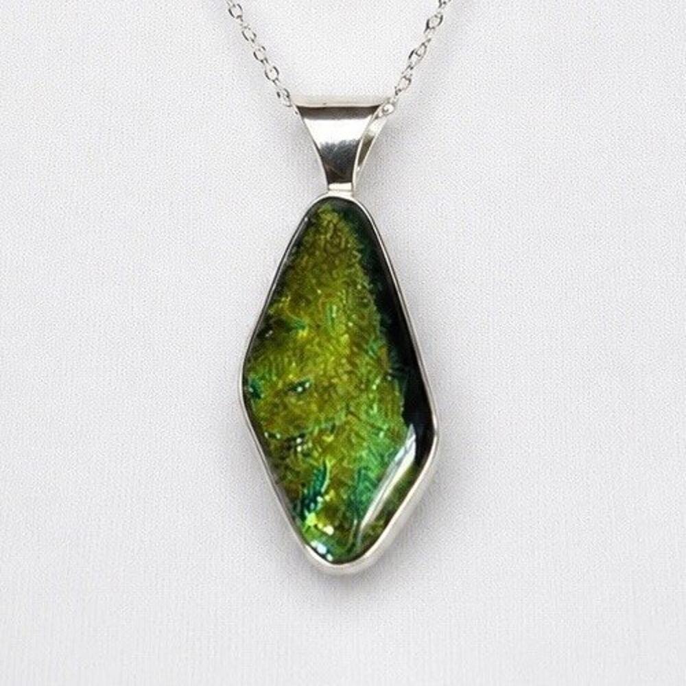 Signed Sterling Silver Dichroic Glass Pendant w Chain Green Gold Shimmer 1.75”